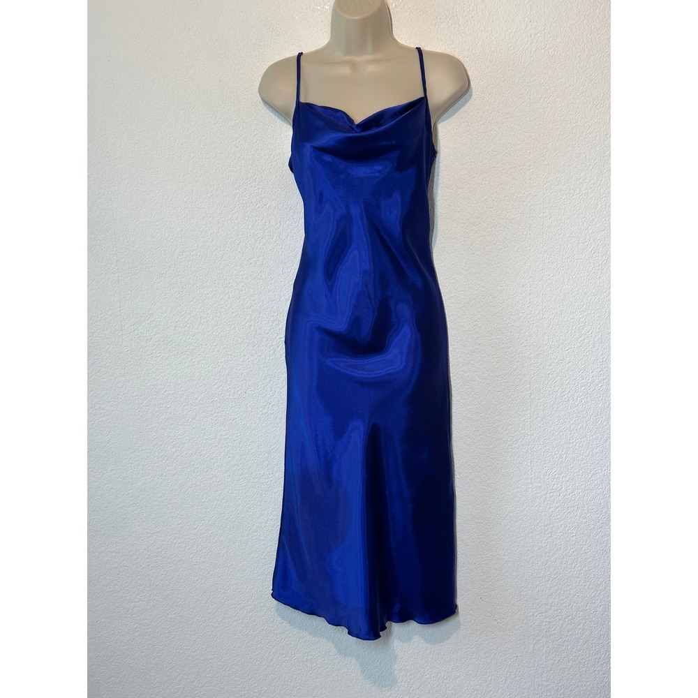 Bebe Royal Blue Satin Cowl Neck Midi Slip Dress XS Made in USA Spaghetti Strap